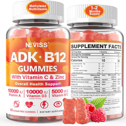 NEVISS Sugar-Free ADK + Vitamin B12 Gummies – Multivitamin with D3, K2 (MK-7), A, C, Zinc, Methyl B12 – Vegan, 120 Gummies