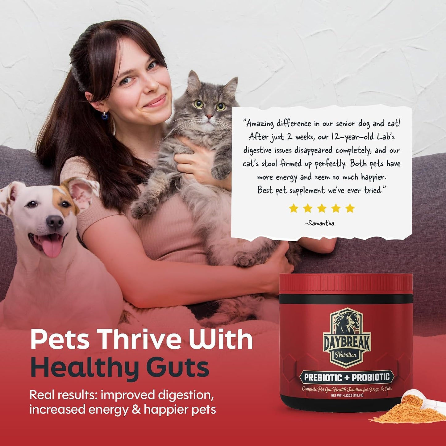 Daybreak Nutrition Probiotics for Cats & Dogs - 6 Billion CFU Prebiotic & Probiotic Powder - 8 Strains - Gut Health Supplement - görsel 7