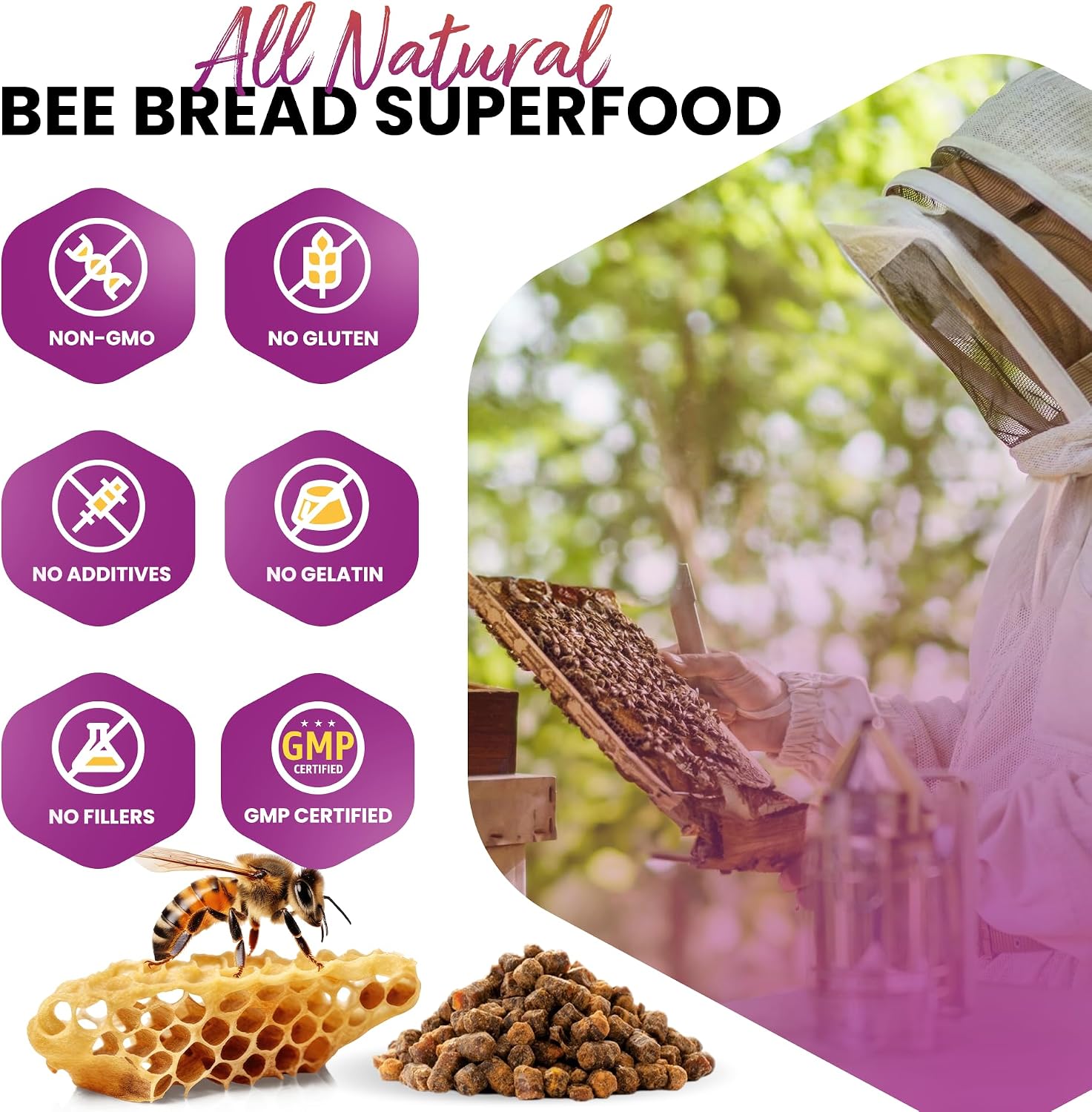 HONEYBEEZONE Bee Bread Capsules – Nutrient-Rich Superfood for Energy Boost, Immune Support Supplement | Non-GM, Gluten-Free, 60 Veggie Capsules - görsel 3