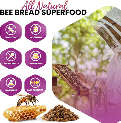 HONEYBEEZONE Bee Bread Capsules – Nutrient-Rich Superfood for Energy Boost, Immune Support Supplement | Non-GM, Gluten-Free, 60 Veggie Capsules