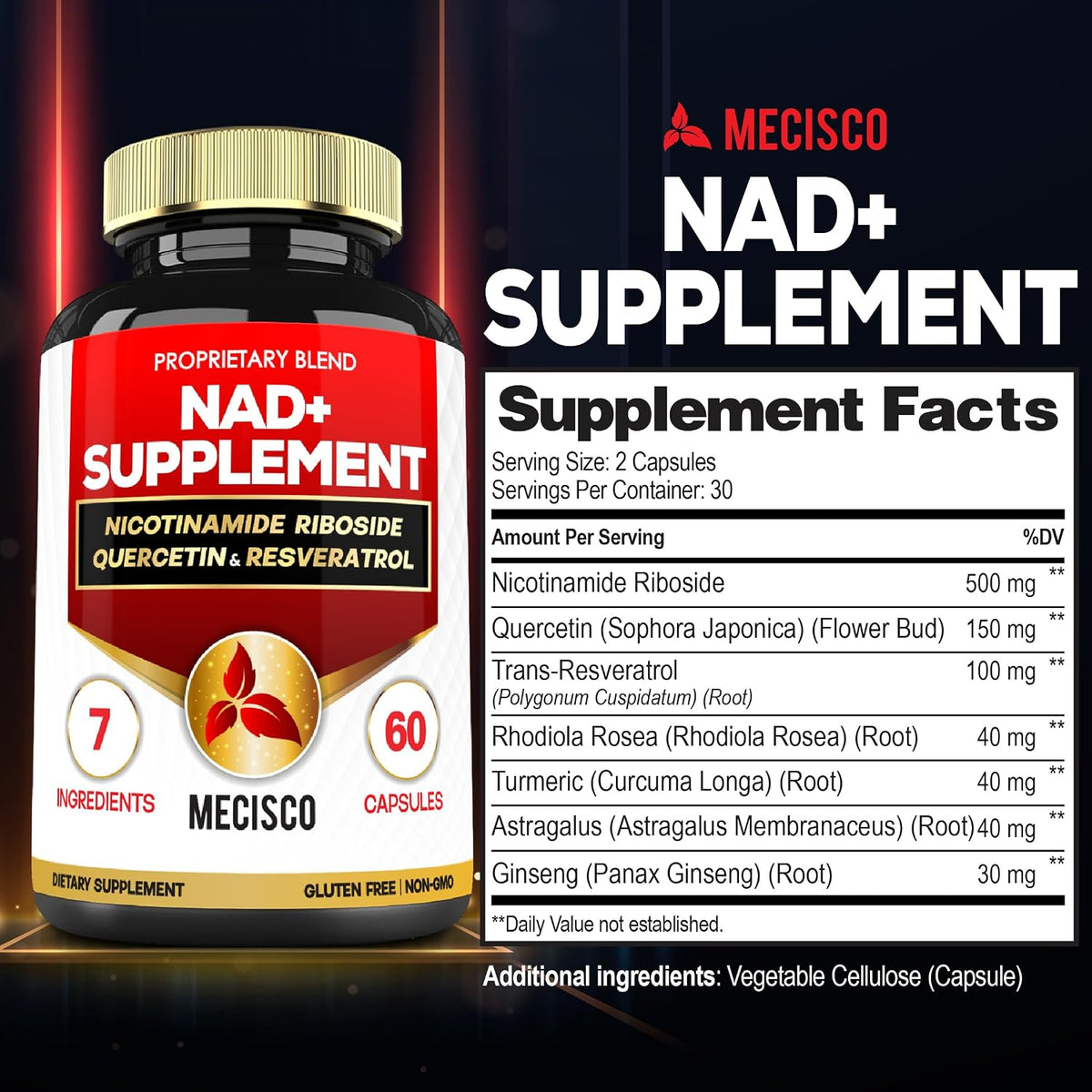 Mecisco NAD+ Supplement with Nicotinamide Riboside with Quercetin, Resveratrol, Turmeric, Rhodiola Rosea, Astragalus – 60 Capsules - görsel 2
