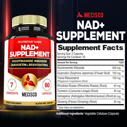 Mecisco NAD+ Supplement with Nicotinamide Riboside with Quercetin, Resveratrol, Turmeric, Rhodiola Rosea, Astragalus – 60 Capsules