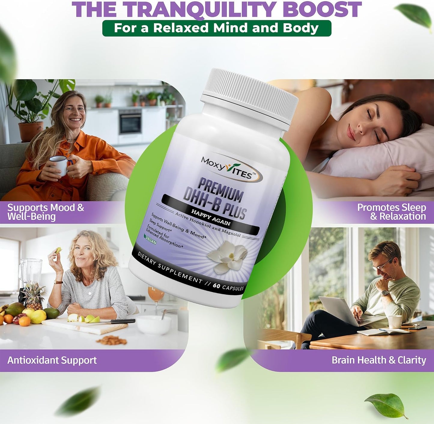 MoxyVites DHH-B Food Supplement – Bioactive Honokiol Magnolia Bark Extract for Cellular Health | Organic Ashwagandha & Herbs | 60 Vegan Capsules - görsel 3