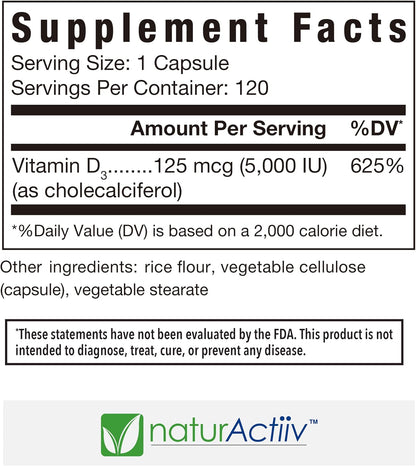 Organic Vitamin D3 125 mcg (5,000 IU) Pro Strength Micro-Capsules - Supports Bone, Muscle, and Immune Health - Easy Swallow, Fast Absorption - naturActiiv