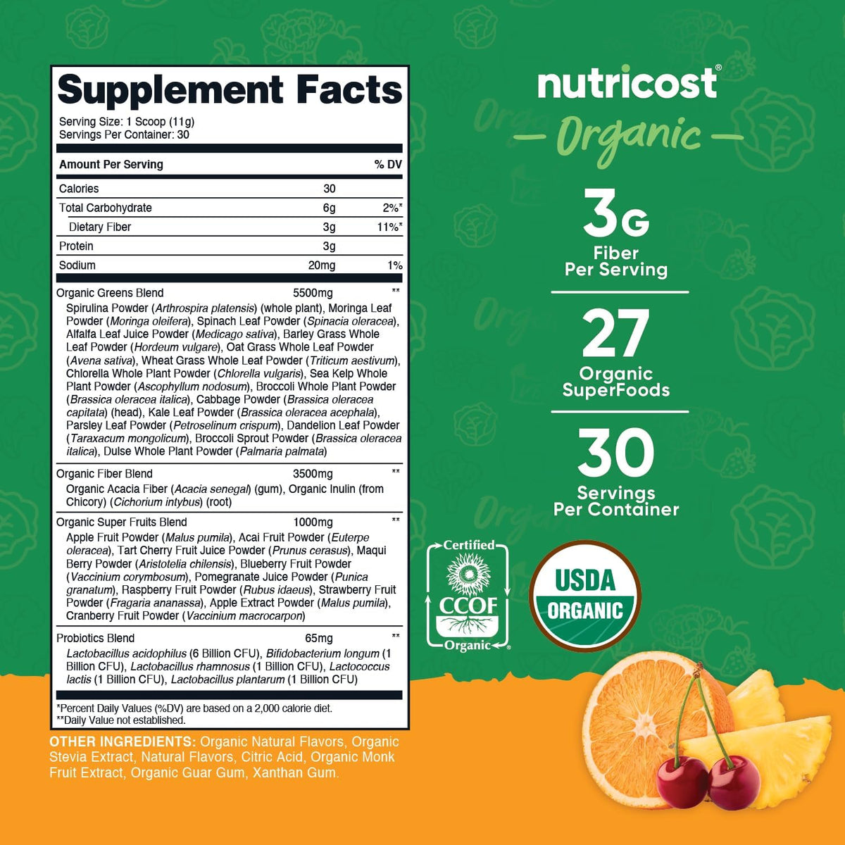 Nutricost Organic Super Greens Powder (30 Servings) Orange Sunrise Flavour - Superfood Supplement Drink Mix - görsel 2