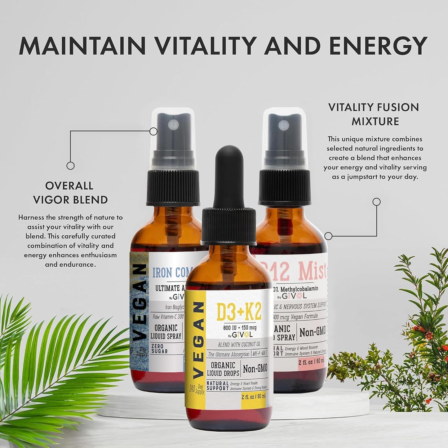 GIVOL Energy & Vitality Bundle Liquid Spray Trio - B12 Methylcobalamin, Iron Bisglycinate, and D3 (Lichen) & K2 (MK4 & MK7), Non-GMO, Gluten-free, Sugar-Free, 60 ml (540-Day Supply) - görsel 2