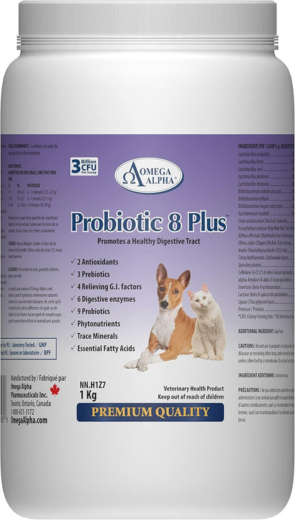 Probiotic 8 Plus Pet Probiotics with Enzymes & Fibre for Digestion - Natural Herbal Digestive Supplement for Cats & Dogs (1 kg)