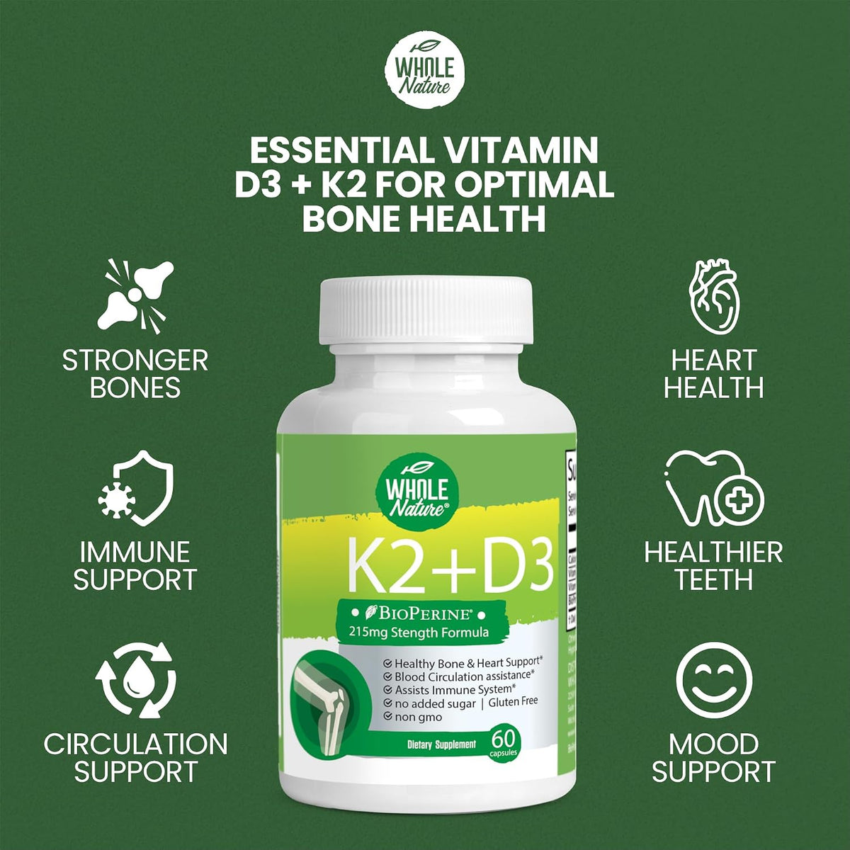 Whole Nature Vitamin D3 K2 Supplement with BioPerine - 5000 IU D3 + K2 MK-7 for Bone and Heart Support - 60 Vegan Capsules - görsel 2