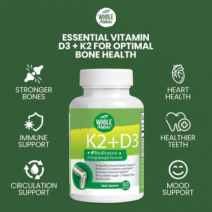 Whole Nature Vitamin D3 K2 Supplement with BioPerine - 5000 IU D3 + K2 MK-7 for Bone and Heart Support - 60 Vegan Capsules