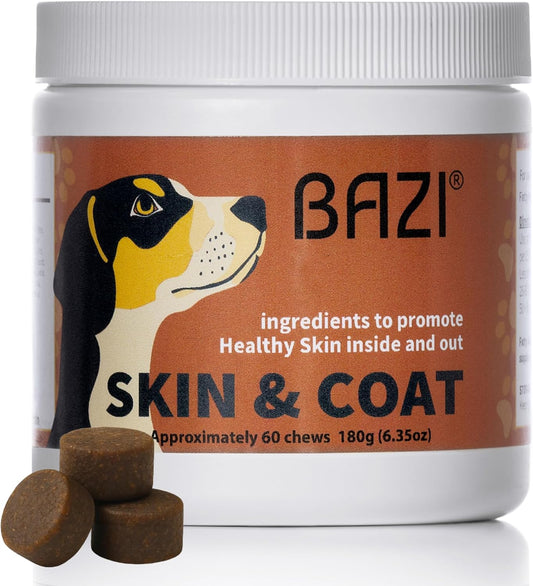 BAZI Skin & Coat Dog Chews – Collagen, Omega-3, EPA & DHA for Skin Health and Coat Shine – Antioxidant-Rich Supplement with Vitamin A and D3