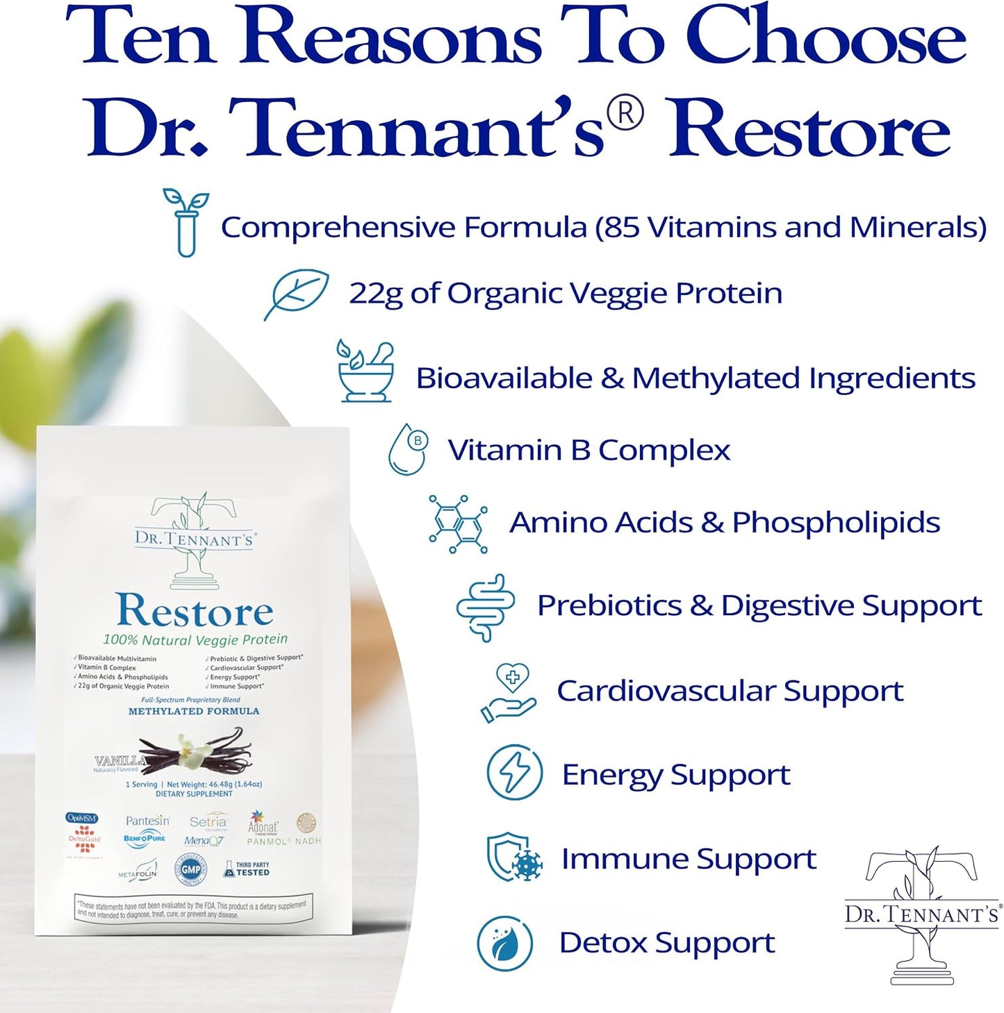 Dr. Tennant's Restore Vanilla Shake: 50+ Methylated Vitamins & Minerals with 23g Plant-Based Protein, 14-Day Supply - görsel 4
