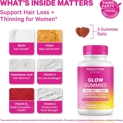 Pink Stork Total Glow Gummies for Women – Hair, Skin and Nails Vitamin with Biotin and B-Complex – 60 Berry Gummies
