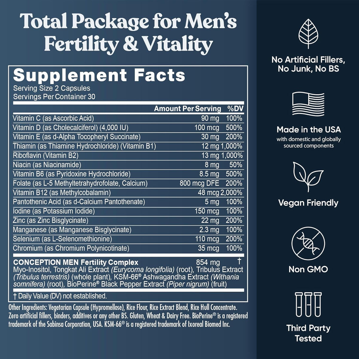 Eu Natural Conception for Him - Male Fertility Supplements with Ashwagandha, Folate & Zinc - Sperm Count, Motility & Strength Support - 60 Vegetarian Capsules - görsel 7