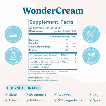 WONDERCOW Bovine Colostrum Superfood Creamer – Organic Lion's Mane & Coconut Milk Powder MCTs – Unsweetened, Keto Friendly