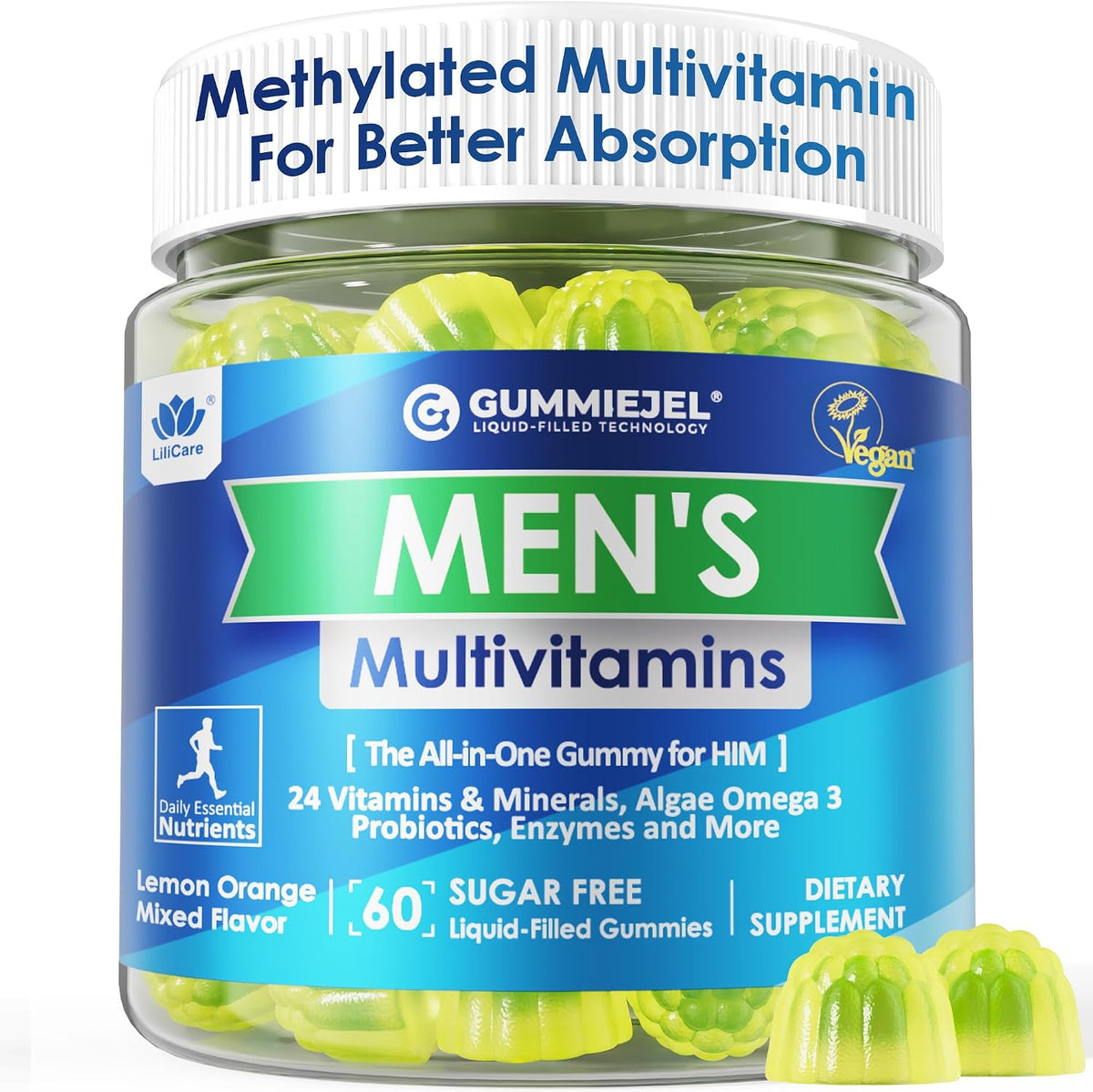 LILICARE Men's Multivitamin Gummies – Methylated B Complex, Omega-3, Probiotics & Enzymes, Sugar Free, Vegan (No Iron) 60 Count - görsel 1