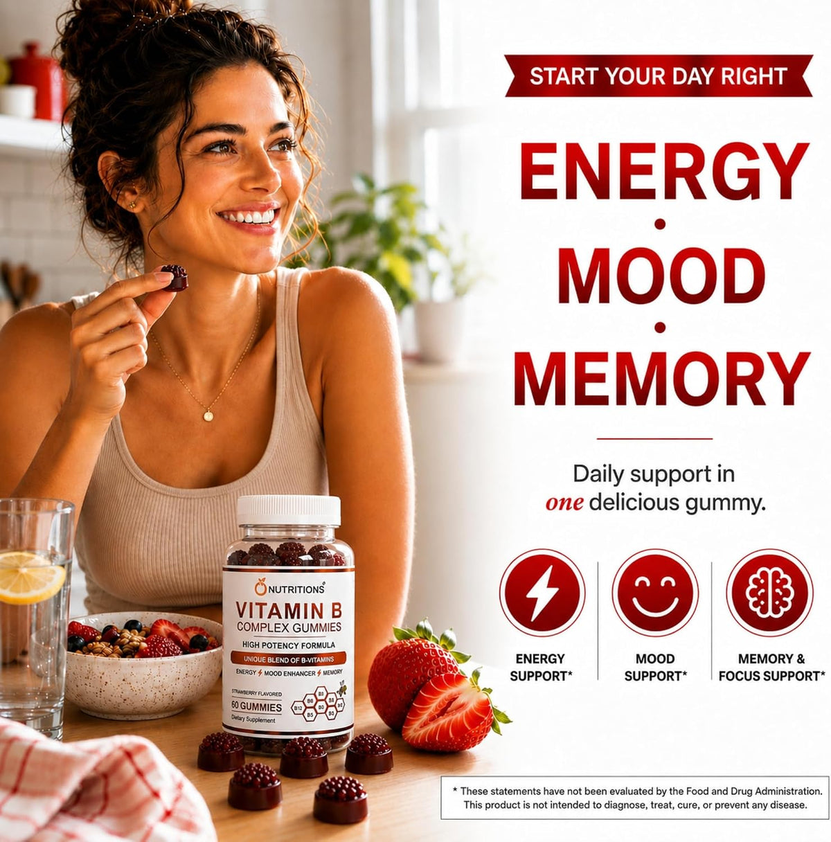 O Nutritions Vitamin B Complex Gummies for Women and Men - B12, Biotin, Folate, Vitamin C - Energy, Mood and Memory Support - Hair, Skin and Nails - Vegan Strawberry Gummies, 60 Count - görsel 8