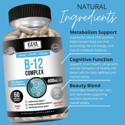Kaya Naturals B-12 Complex | Multivitamin Supplement for Women & Men | Energy and Metabolism Support | with Biotin, Choline, Inositol, Folate, and Vitamin C – 60 Capsules