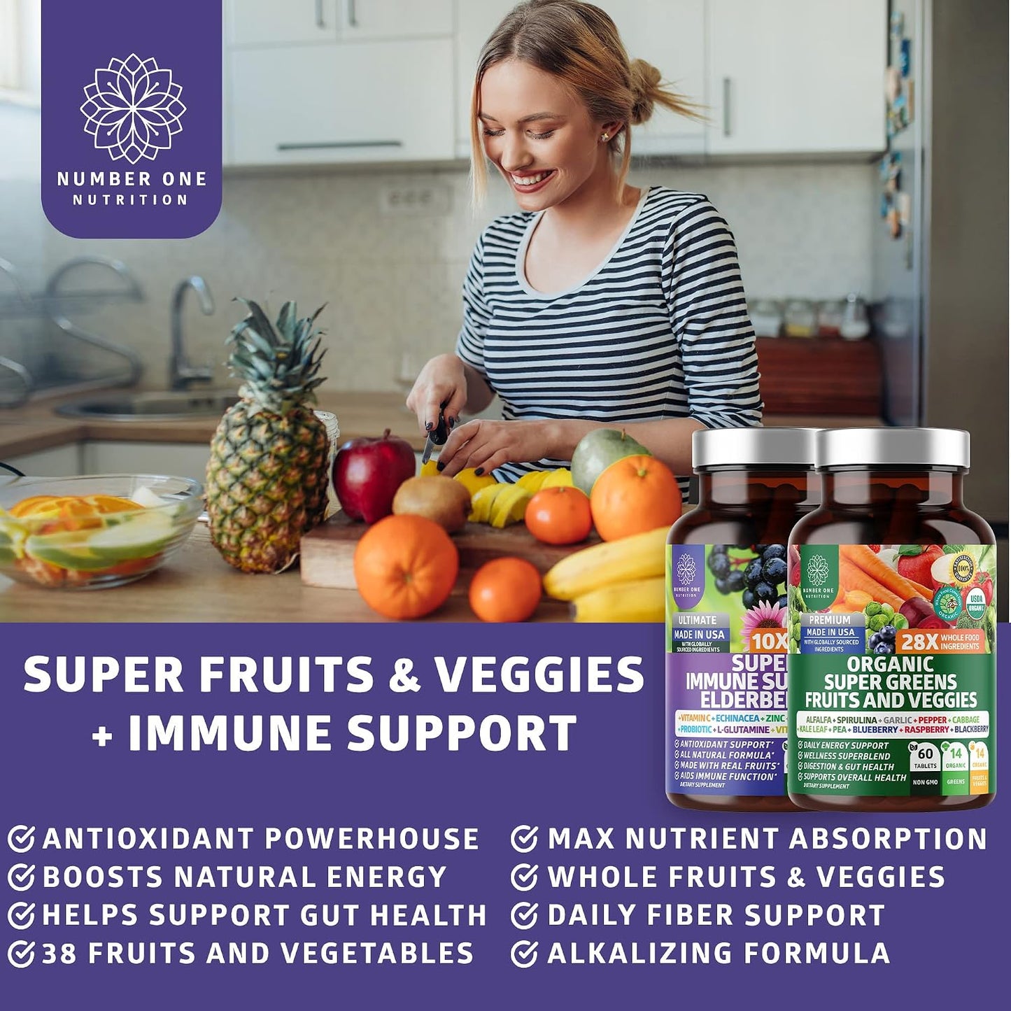 N1N Premium Organic Super Fruits & Veggies + Immune Support - 120 Capsules - görsel 6