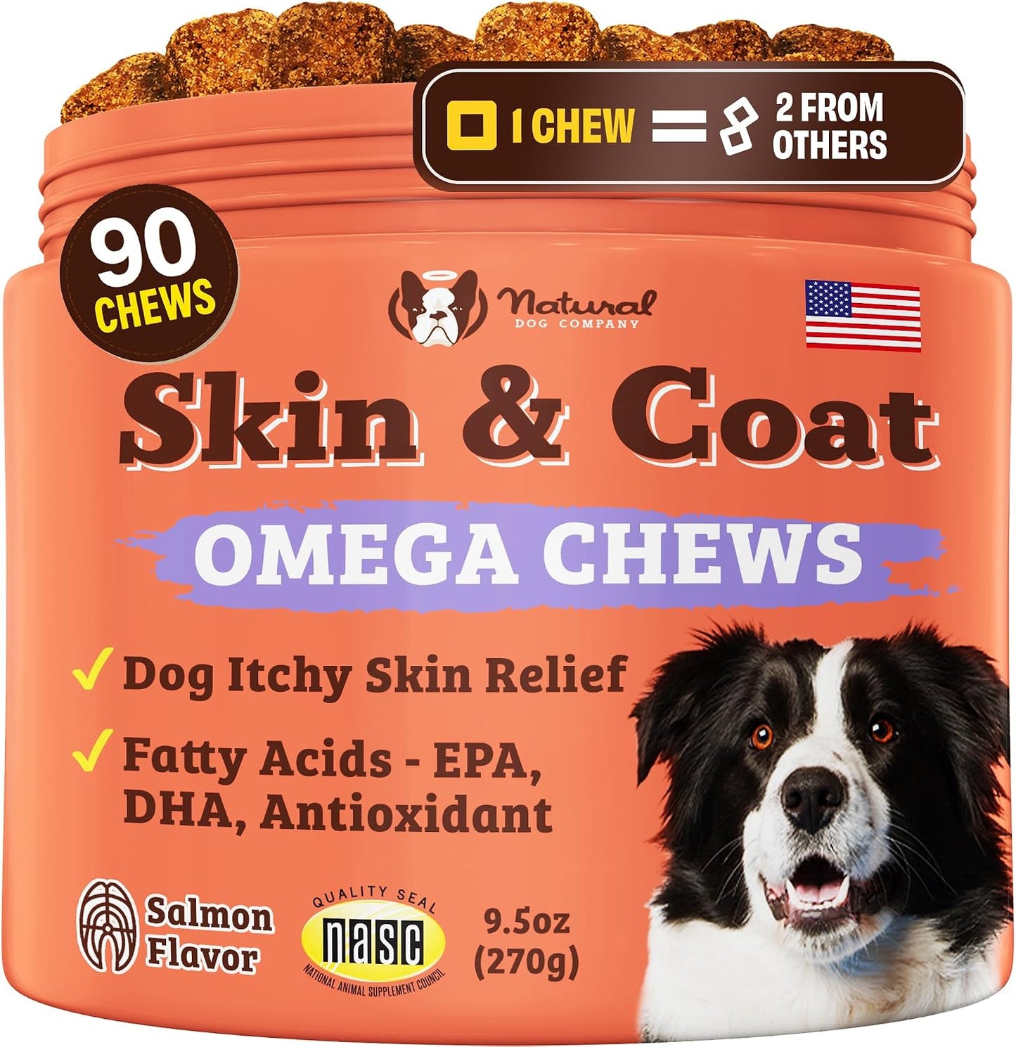 Natural Dog Company Skin & Coat Supplement for Dogs – Omega-3 Salmon Oil, Biotin & Vitamin E, 90 Soft Chews - görsel 1