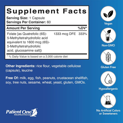 Patient One Q-Folate 800mcg - Active Methylfolate Supplement for Energy, Brain & Heart Health | 60 Capsules