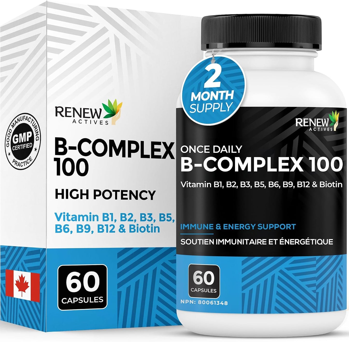 Renew Actives Vitamin B Complex 100 – Daily B1, B2, B3, B5, B6 & B12 for Energy and Metabolism – 60 Capsules - görsel 1