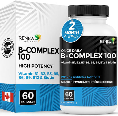 Renew Actives Vitamin B Complex 100 – Daily B1, B2, B3, B5, B6 & B12 for Energy and Metabolism – 60 Capsules
