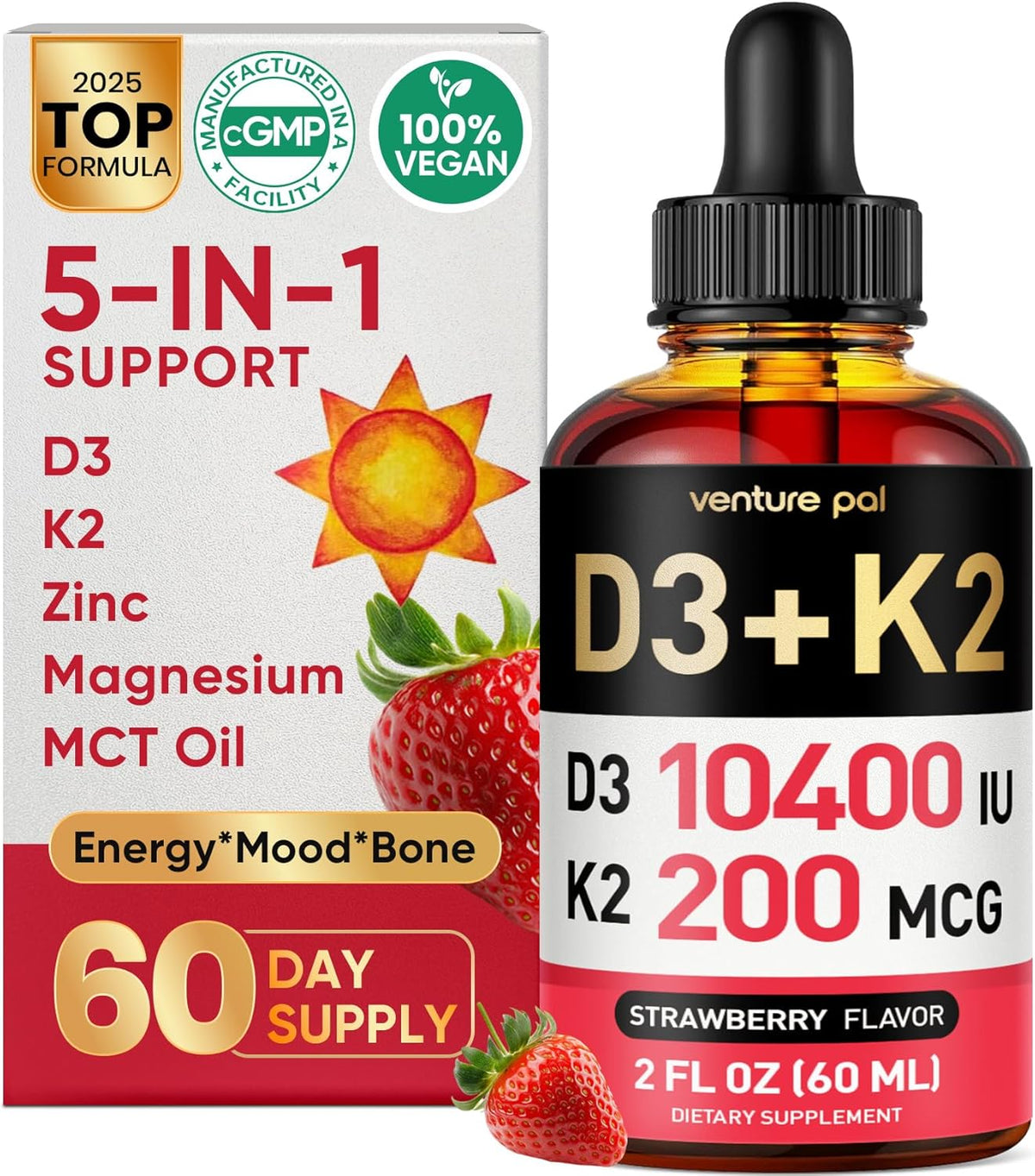 Venture Pal Vitamin D3 K2 Drops 10000 IU & 200mcg MK-7 with Magnesium and Zinc - görsel 1