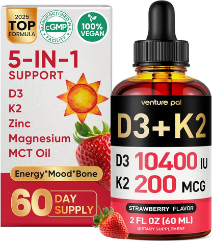 Venture Pal Vitamin D3 K2 Drops 10000 IU & 200mcg MK-7 with Magnesium and Zinc