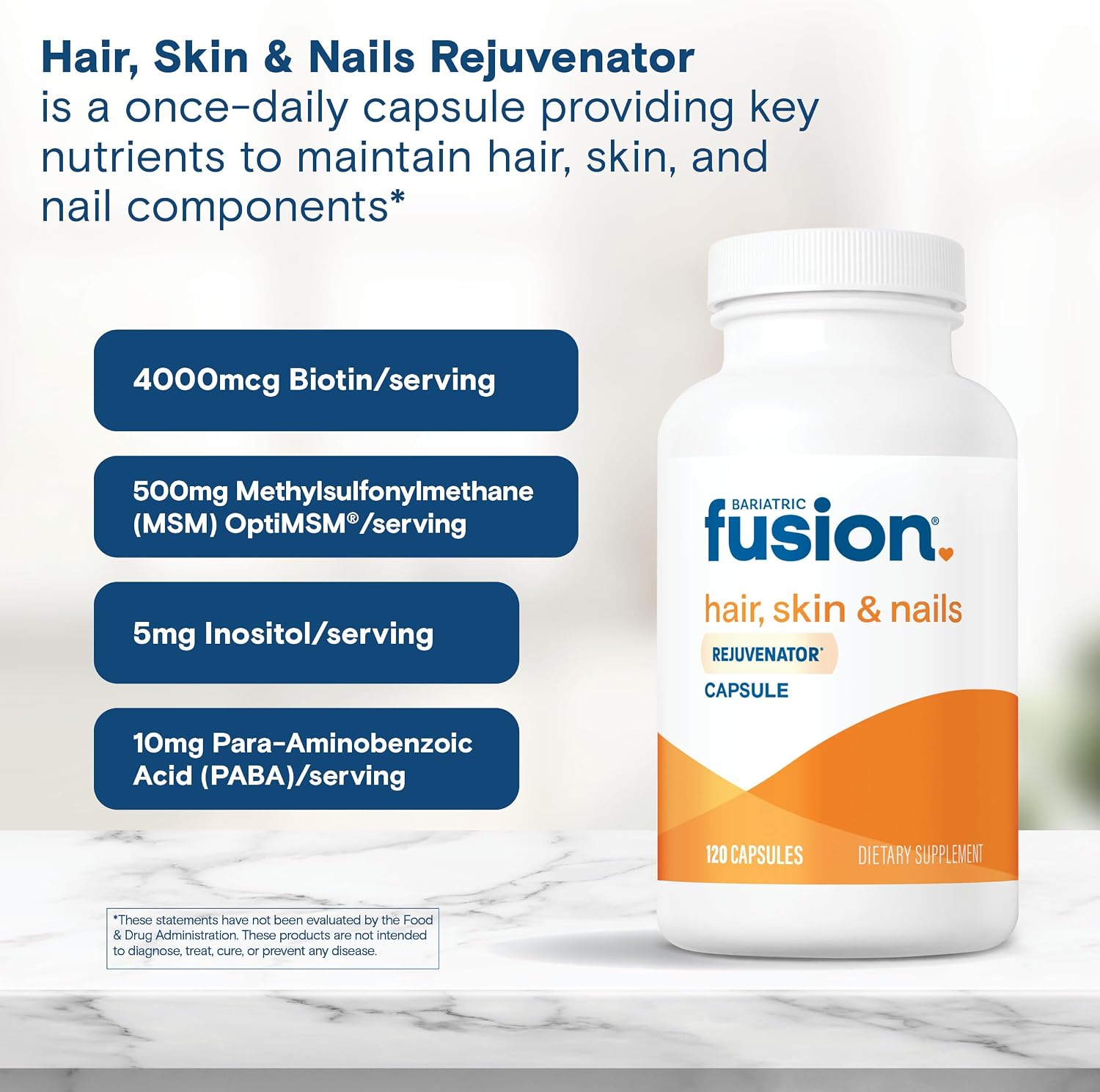 Bariatric Fusion ONE Per Day Hair, Skin and Nails Vitamins REJUVENATOR – Vegan Hair Growth Vitamins with Biotin, Vitamin B12 and B1 – Easy to Swallow – 120 Capsules - görsel 5