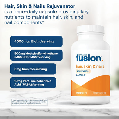 Bariatric Fusion ONE Per Day Hair, Skin and Nails Vitamins REJUVENATOR – Vegan Hair Growth Vitamins with Biotin, Vitamin B12 and B1 – Easy to Swallow – 120 Capsules