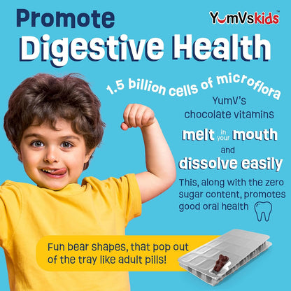 YumVs Probiotics for Kids with Prebiotic Fibre – Sugar Free Chocolate Chewable – 60 Chewable Tablets