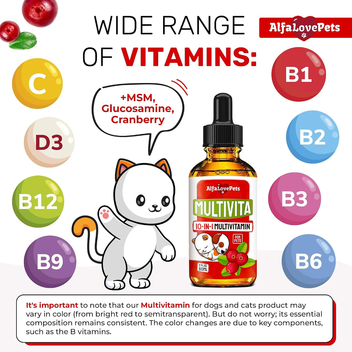Liquid Multivitamin for Dogs – Cat Multivitamins for Indoor Cats – 10-in-1 Liquid Dog Vitamins B Complex, C, D3 – Digestion, Urinary, Hip & Joint, Skin & Coat – Cranberry Flavour – 60 ml - görsel 3