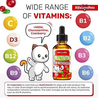 Liquid Multivitamin for Dogs – Cat Multivitamins for Indoor Cats – 10-in-1 Liquid Dog Vitamins B Complex, C, D3 – Digestion, Urinary, Hip & Joint, Skin & Coat – Cranberry Flavour – 60 ml