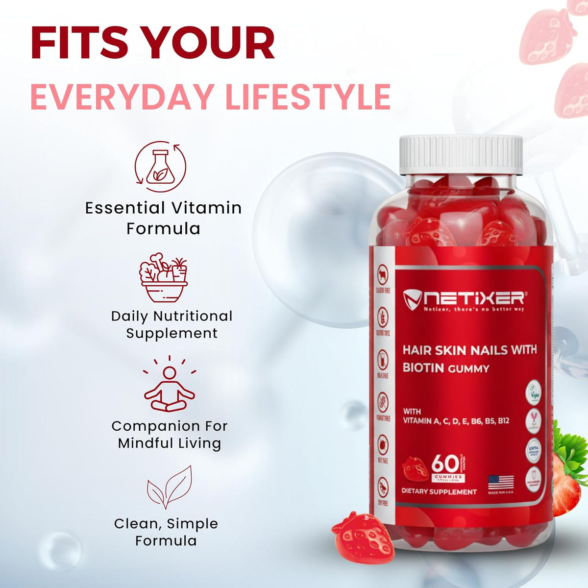 Biotin Gummies 5000 mcg | Multivitamin Gummies | Vitamins A C D E B6 B12 with Zinc | Strawberry Flavour | Vegan | Individually Wrapped | 60 Count - görsel 6