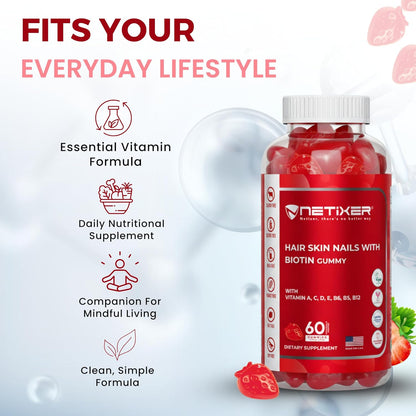 Biotin Gummies 5000 mcg | Multivitamin Gummies | Vitamins A C D E B6 B12 with Zinc | Strawberry Flavour | Vegan | Individually Wrapped | 60 Count