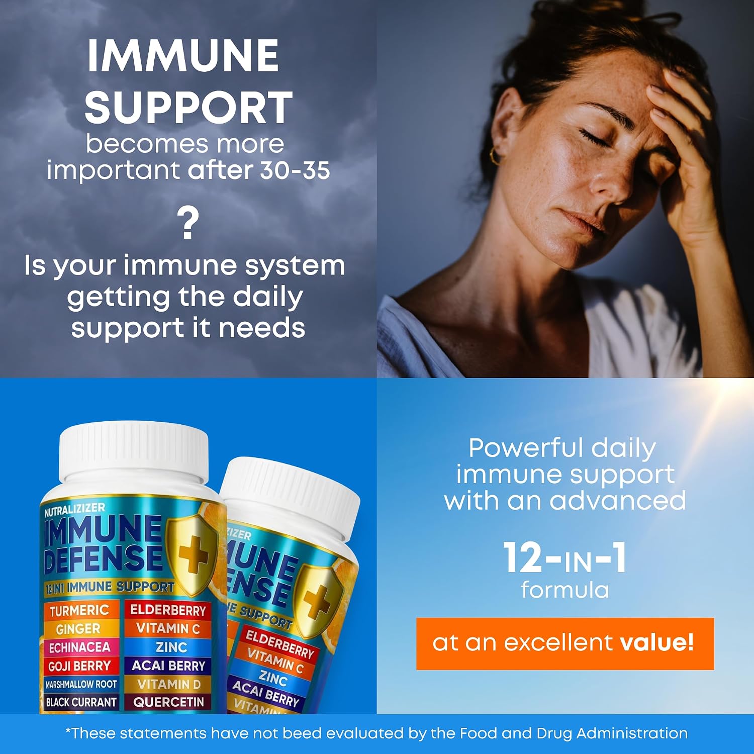 12 in 1 Immune Support Supplement - Immune Defence Vitamins with Elderberry, Vitamin D3, C, Zinc, Echinacea, Ginger - Natural Immunity Booster - 120 Capsules - görsel 2