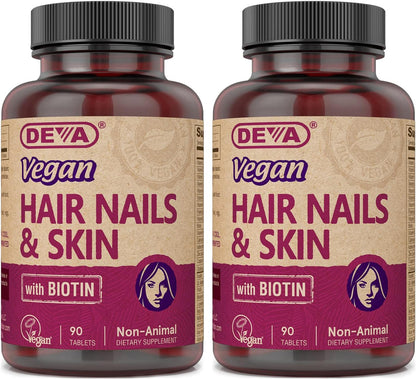 DEVA Vegan Vitamins Hair, Nails & Skin Supplement with 500 mcg Biotin, 90 Tablets (Pack of 2)
