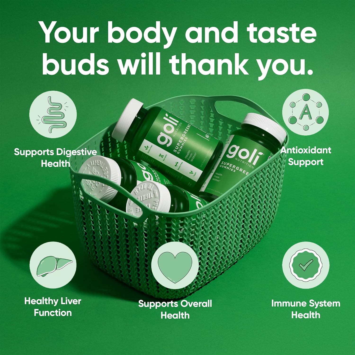 Goli SuperGreen Vitamin Gummy - 60 Gummies - Essential Vitamins and Minerals - Plant-Based, Vegan, Gluten-Free & Gelatine-Free - Health from Within - görsel 4