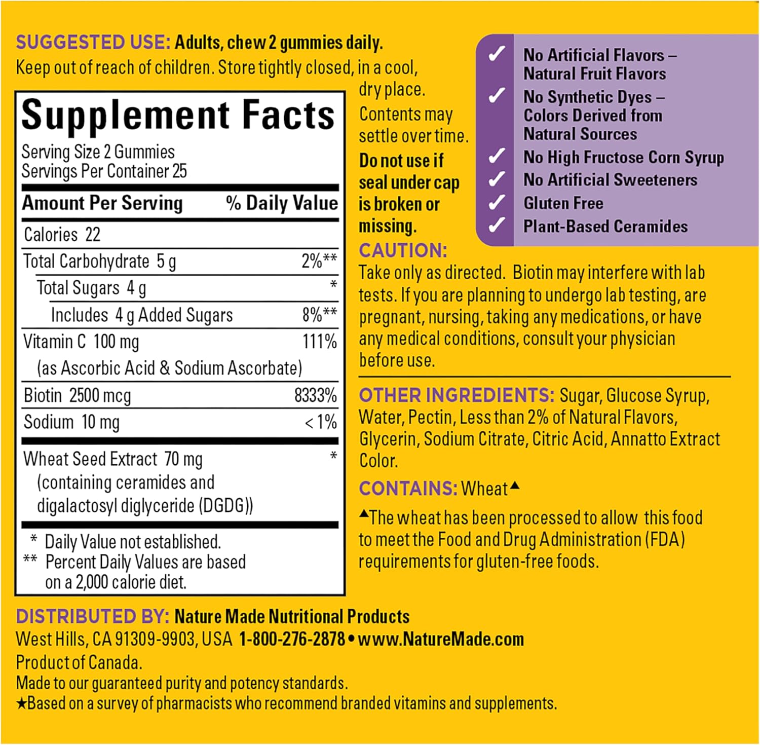 Nature Made Skin Hydration Gummies with Plant-Sourced Ceramides, Biotin & Vitamin C, 50 Gummies - görsel 7
