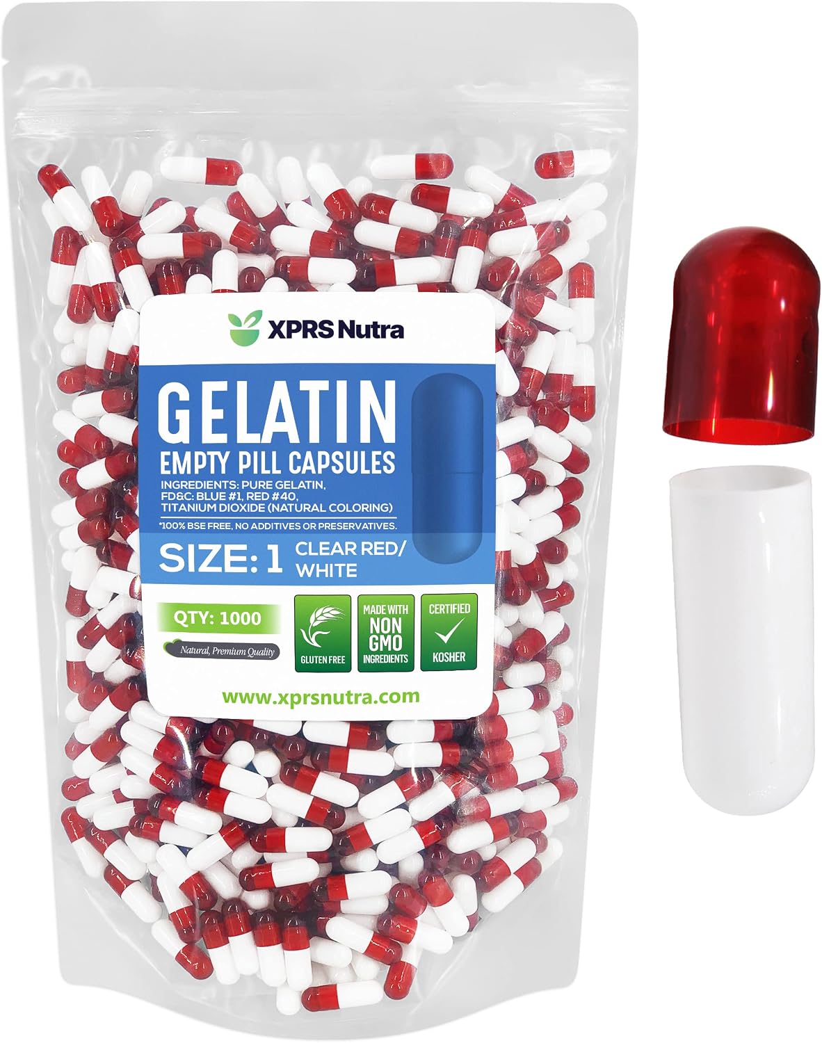 XPRS Nutra Size 1 Empty Capsules (1000 Count) - Clear Red/White - görsel 1