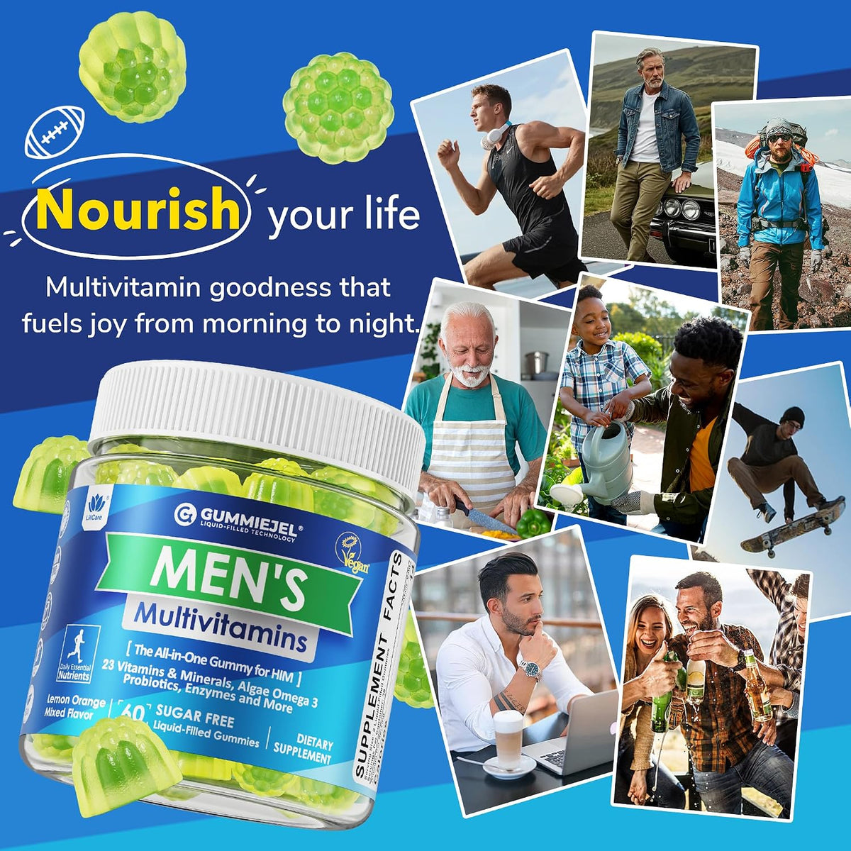 LILICARE Men's Multivitamin Gummies – Methylated B Complex, Omega-3, Probiotics & Enzymes, Sugar Free, Vegan (No Iron) 60 Count - görsel 9
