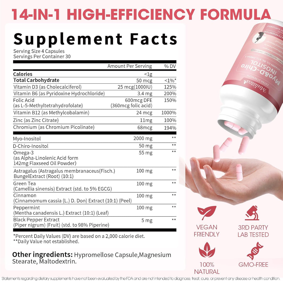 Mulittea Myo-Inositol & D-Chiro Inositol Supplement - 14-in-1 Liposomal with Folic Acid, Omega-3 & Multivitamin for Women, – Image 2