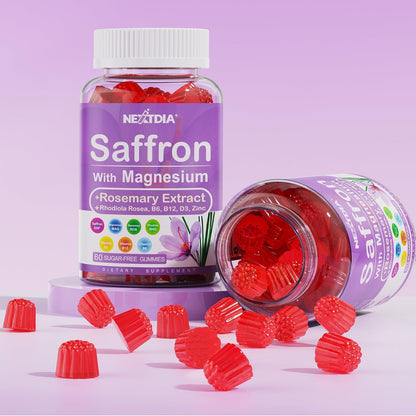 Happy Saffron Gummies – 4 Months Supply – Saffron Extract 177mg, Magnesium Glycinate 200mg, Rhodiola, Rosemary, Vitamin D, B6, B12 for Restfulness, Mood, Calm, Focus – Sugar-Free