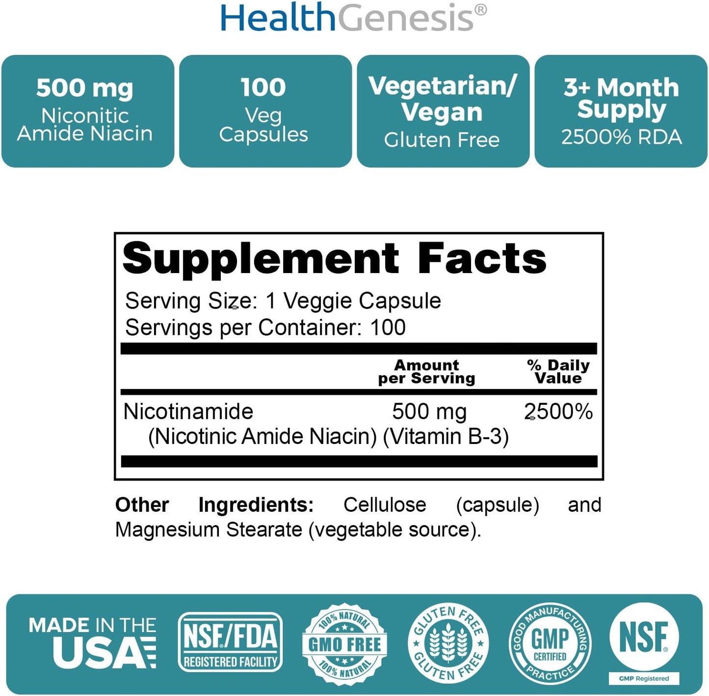 B-3 Nicotinamide 500 mg – 100 Vegan Capsules – Flush-Free Vitamin B3 Supplement for Skin and Energy Support - görsel 5
