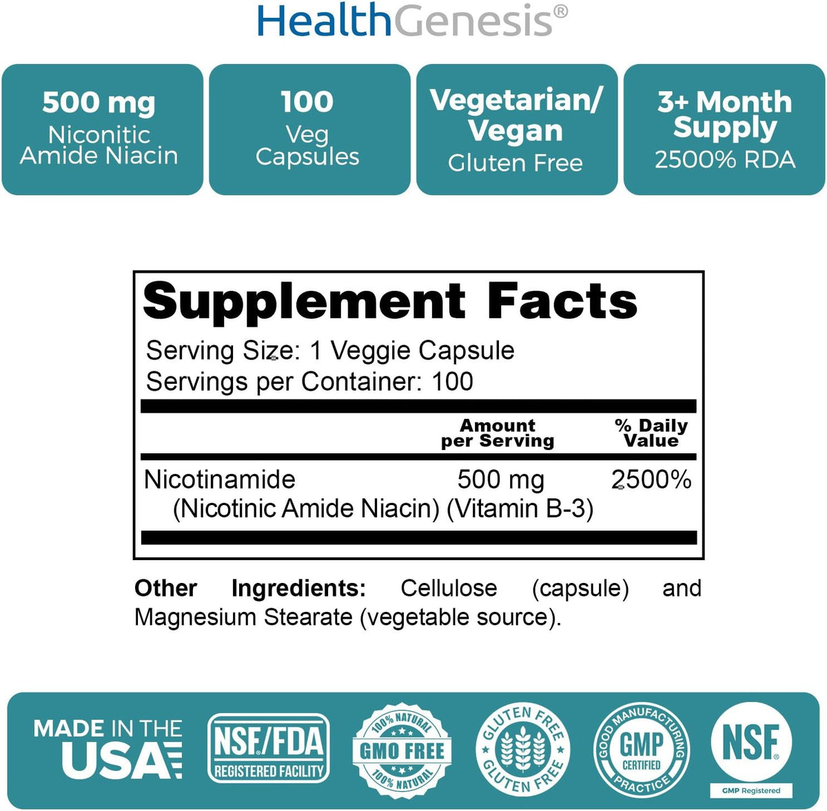 B-3 Nicotinamide 500 mg – 100 Vegan Capsules – Flush-Free Vitamin B3 Supplement for Skin and Energy Support - görsel 5