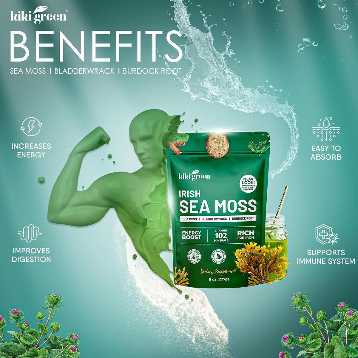KIKI Green Irish Sea Moss Powder – Bladderwrack & Burdock Root – 227 g – Vegan Immune Support - görsel 4