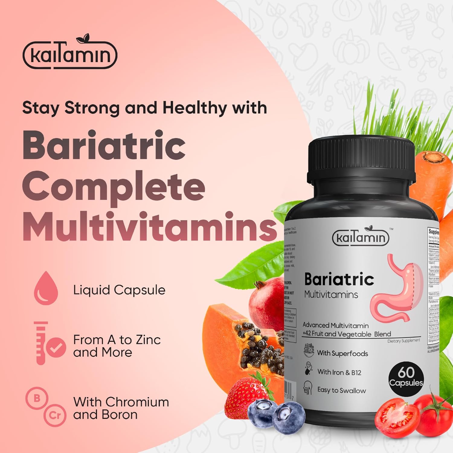 Kaitamin Bariatric Vitamins for Gastric Sleeve & Bypass with Iron, 60 Capsules - görsel 8
