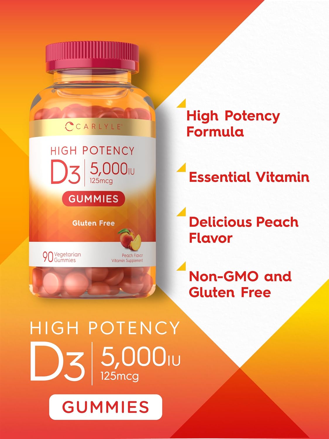 Carlyle Vitamin D3 Gummies 5000 IU (125 mcg) – 90 Count, Peach Flavour, Vegetarian & Non-GM - görsel 4