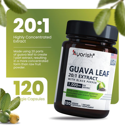 Guava Leaf Capsules 1000mg | 120 Capsules | 20:1 Extract with Black Pepper