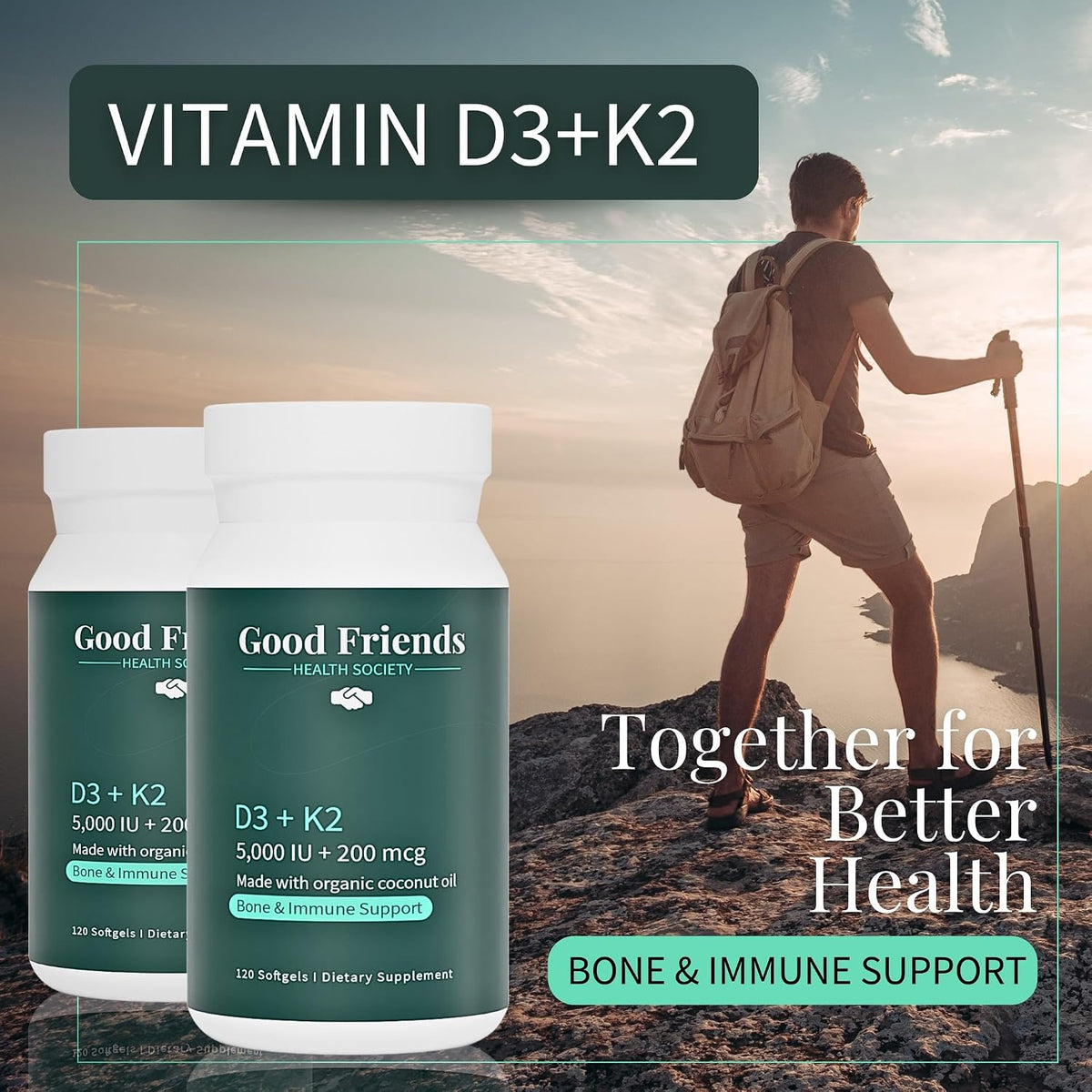 Good Friends Health - Vitamin D3 5000 IU + Vitamin K2 200 mcg - Bone and Immune Support - Organic Coconut Oil - 120 Soft gel capsules - görsel 6
